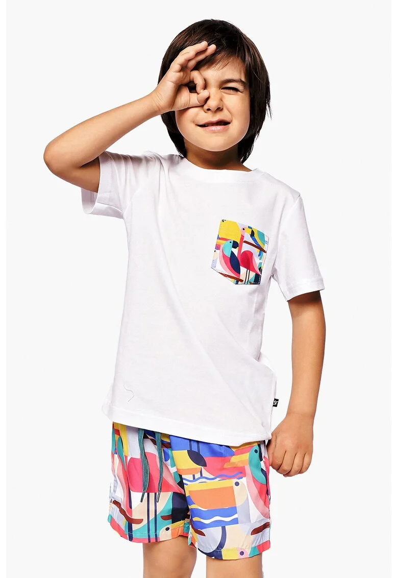 Tricou de bumbac cu aplicatie contrastanta pe piept, Alb optic