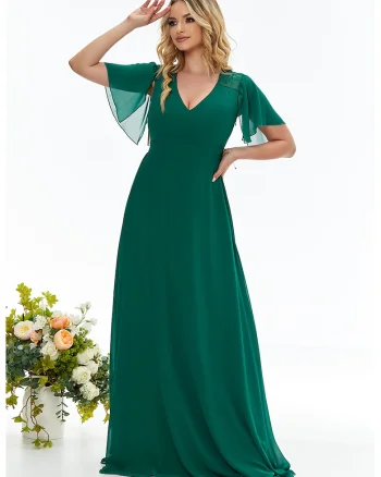Rochie maxi cu decolteu in V si segment brodat pe partea din spate, Verde persan