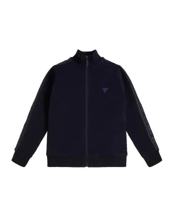 Bluza de trening cu fermoar si benzi laterale cu logo, Bleumarin