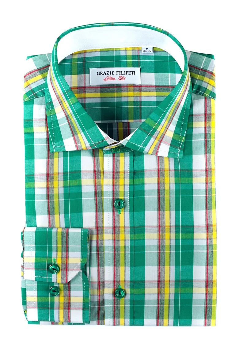 Camasa slim fit cu model in carouri, Verde/Galben/Alb murdar