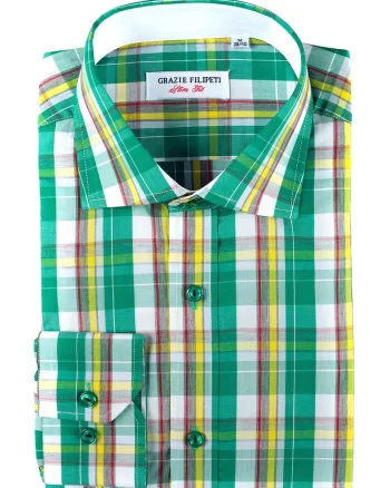 Camasa slim fit cu model in carouri, Verde/Galben/Alb murdar