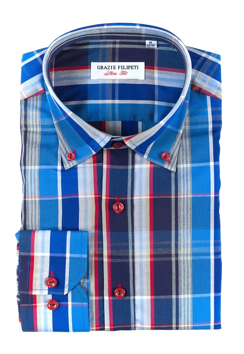 Camasa slim fit cu model in carouri, Rosu/Alb murdar/Albastru