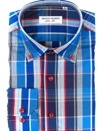 Camasa slim fit cu model in carouri, Rosu/Alb murdar/Albastru