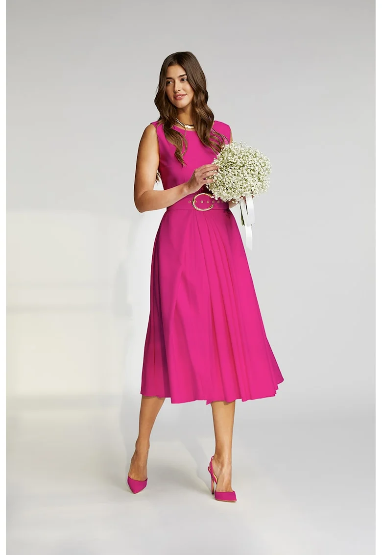 Rochie midi cu croiala in A si curea Vienna, Fucsia
