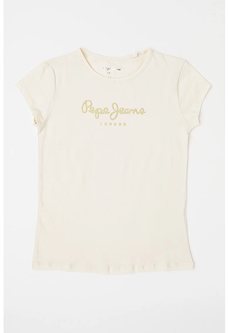 Tricou cu imprimeu logo stralucitor Hana, Auriu/Alb fildes