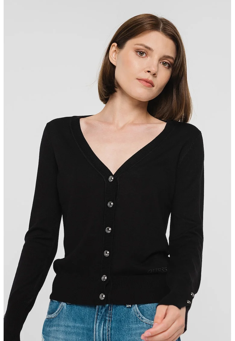 Cardigan tricotat fin cu decolteu in V, Negru