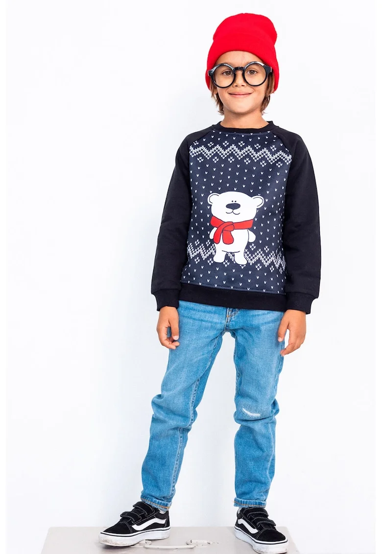 Pulover cu decolteu la baza gatului, maneci raglan si tematica de Craciun, Rosu/Alb/Bleumarin
