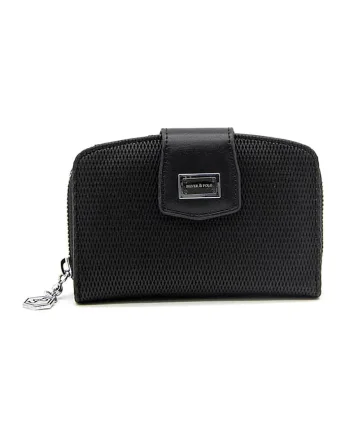 Portofel cu fermoar si aspect texturat, Negru