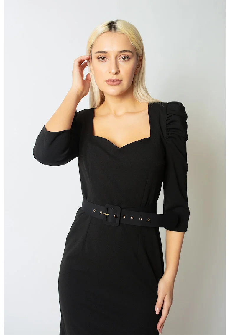 Rochie midi cu model uni si maneci bufante, Negru