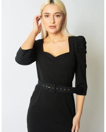 Rochie midi cu model uni si maneci bufante, Negru