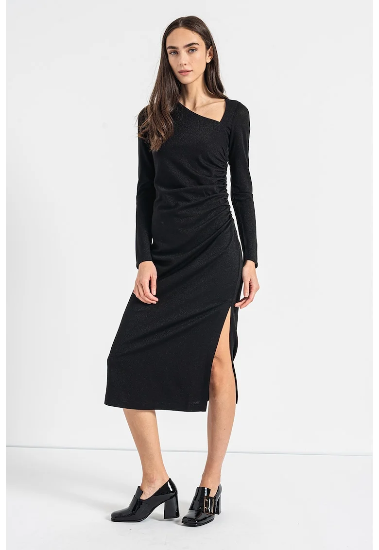 Rochie din jerseu cu aspect stralucitor si detalii drapate Ionico, Negru
