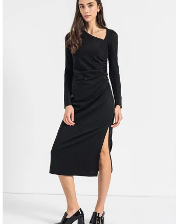 Rochie din jerseu cu aspect stralucitor si detalii drapate Ionico, Negru