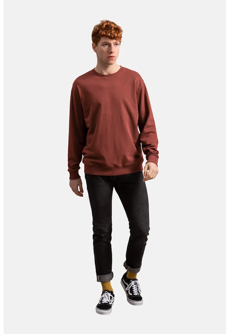 Bluza sport unisex cu decolteu la baza gatului si terminatii striate, Caramiziu
