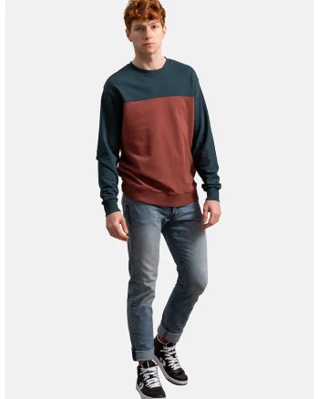 Bluza sport unisex cu model colorblock, Caramiziu/Albastru petrol
