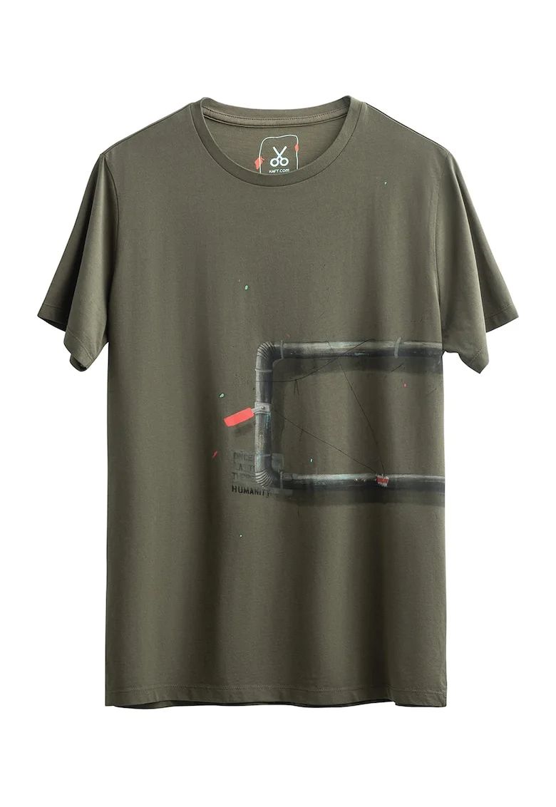 Tricou unisex cu imprimeu frontal si pe partea din spate, Kaki