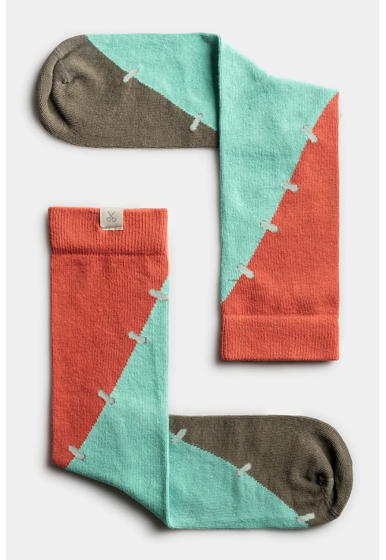 Sosete unisex din amestec de bumbac cu model colorblock, Albastru aquamarin/Caramiziu