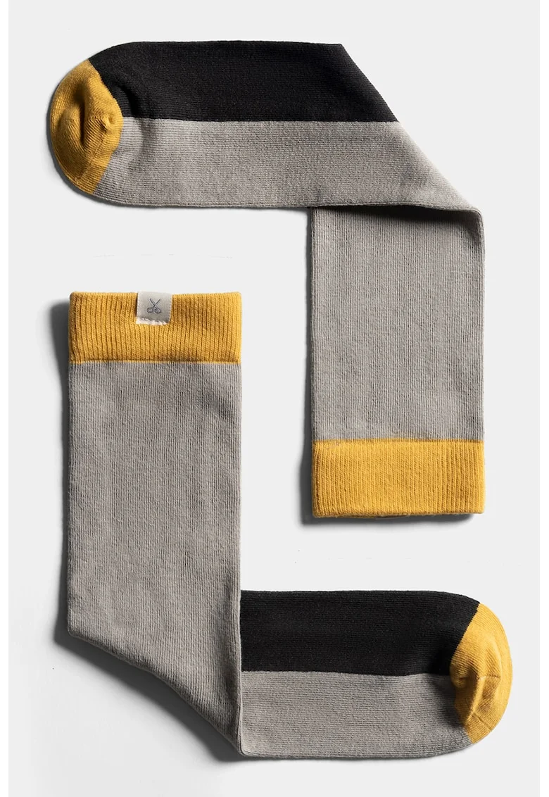 Sosete lungi unisex cu model colorblock, Negru/Galben/Grej
