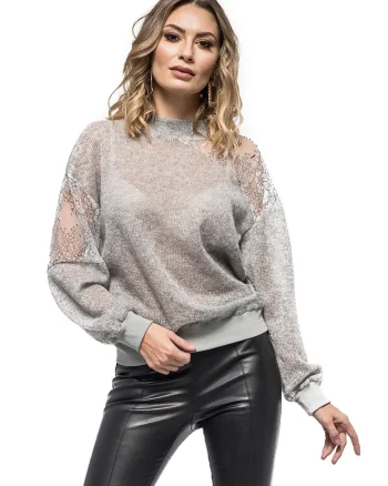 Bluza cu insertii din plasa Tania, Gri cenusiu