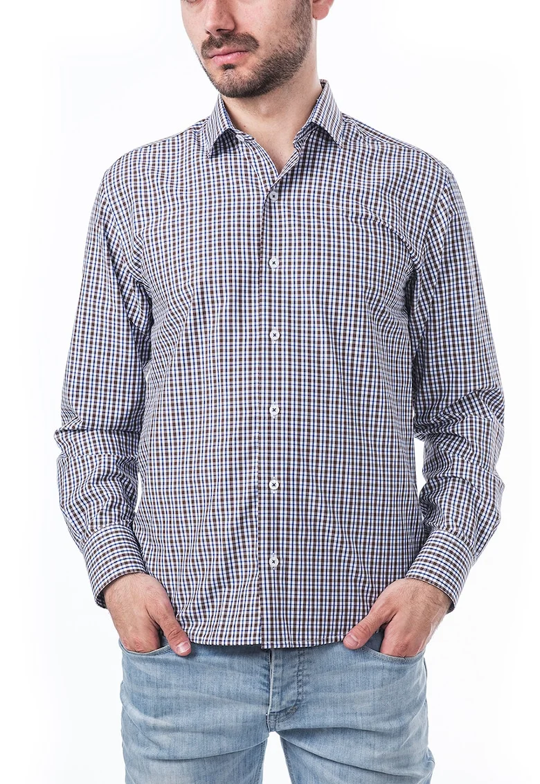 Camasa regular fit din bumbac cu model in carouri, Maro/Albastru inchis/Alb murdar