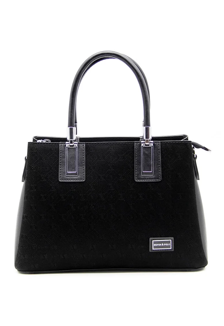 Geanta tote de piele ecologica cu logo metalic, Negru