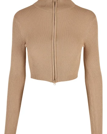 Cardigan crop cu fermoar, Bej