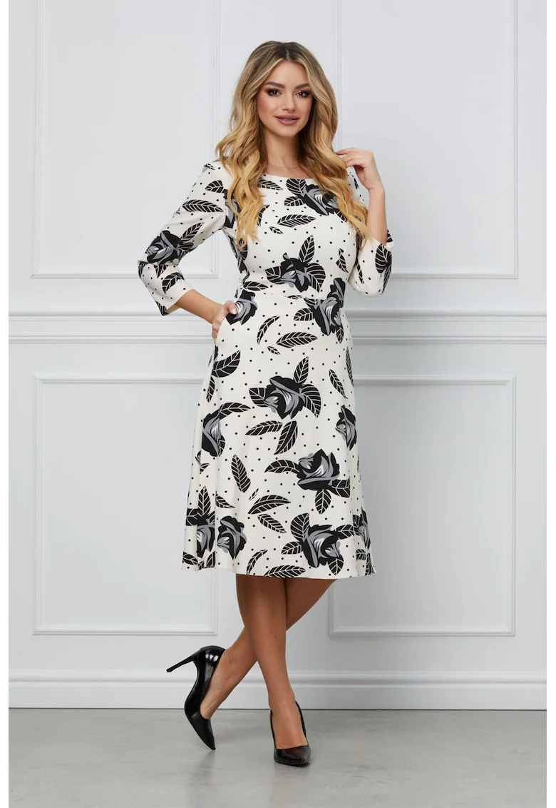 Rochie cu model floral si maneci 3/4, Alb optic