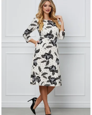 Rochie cu model floral si maneci 3/4, Alb optic