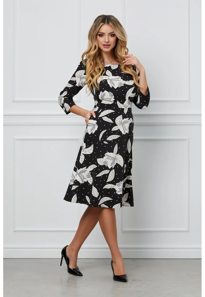 Rochie cu model floral si maneci 3/4, Negru/Gri/Alb murdar