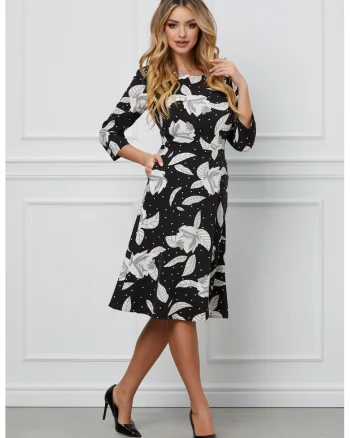 Rochie cu model floral si maneci 3/4, Negru/Gri/Alb murdar