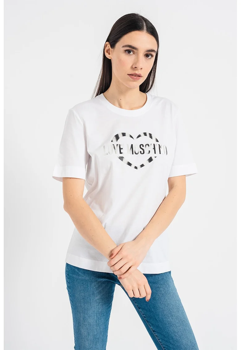 Tricou de bumbac cu decolteu la baza gatului si imprimeu logo, Alb