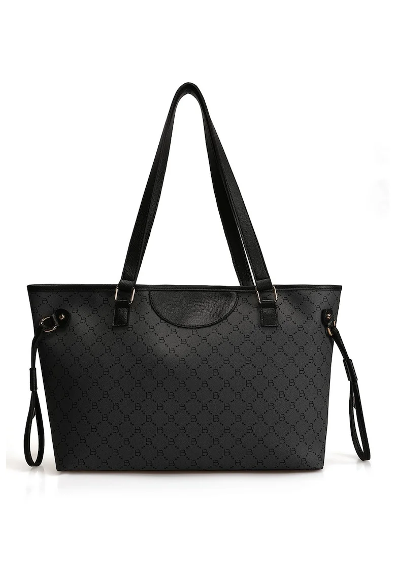 Geanta shopper de piele ecologica cu imprimeu logo, Negru