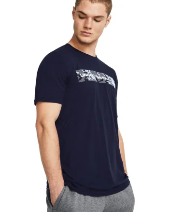 Tricou cu decolteu la baza gatului si imprimeu logo cu camuflaj, Albastru deschis/Bleumarin
