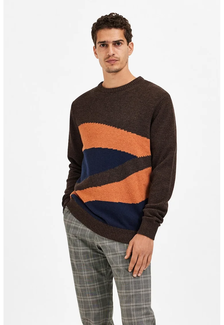 Pulover relaxed fit de lana, Maro inchis/Portocaliu