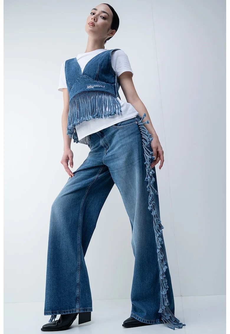 Top crop de denim cu terminatie franjurata, Albastru melange