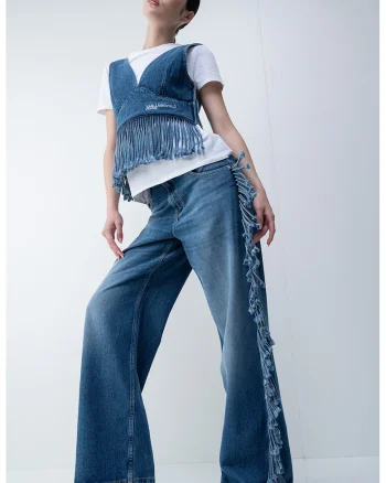 Top crop de denim cu terminatie franjurata, Albastru melange