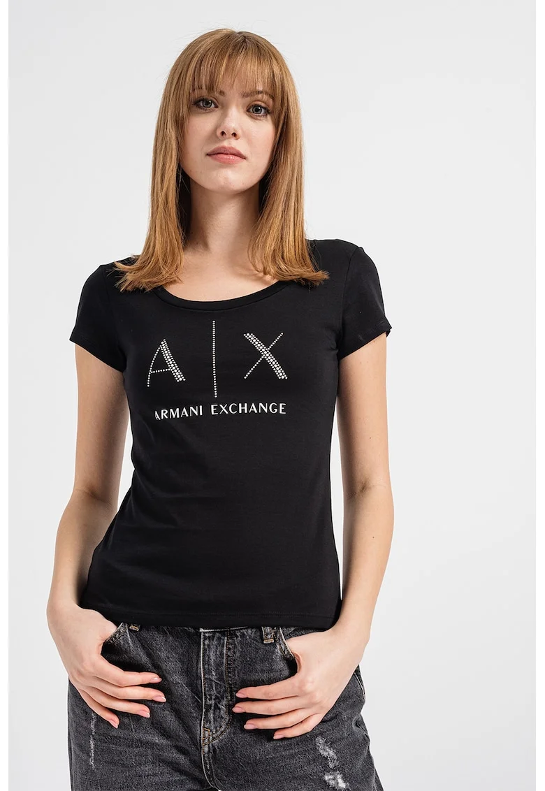 Tricou din bumbac cu aplicatii logo cu strasuri, Alb/Negru stins/Argintiu