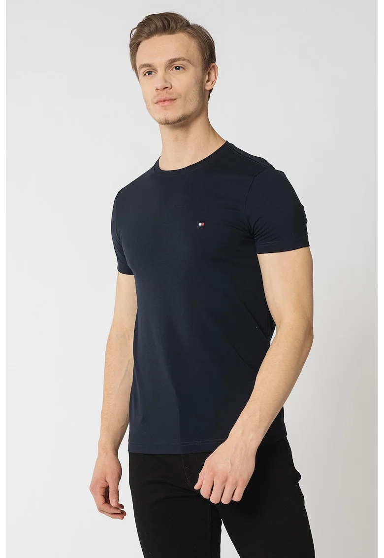 Tricou slim fit cu decolteu la baza gatului, Bleumarin