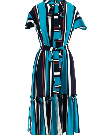 Rochie midi stratificata cu funda din panglici, Negru/Albastru/Bleumarin
