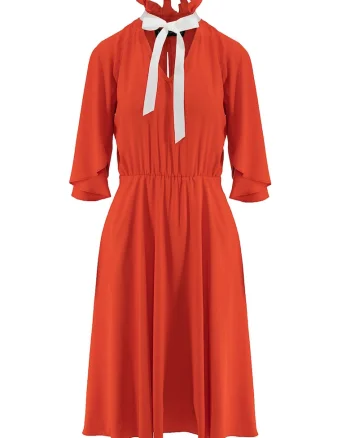 Rochie midi evazata cu funda din panglici, Portocaliu