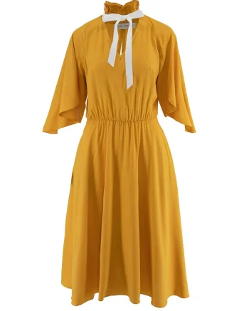 Rochie midi evazata cu funda din panglici, Galben mustar