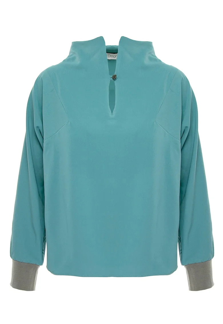 Bluza uni cu guler scurt, Albastru prafuit