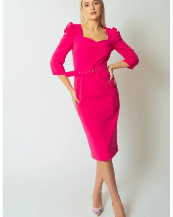 Rochie midi cu model uni si maneci bufante, Fucsia