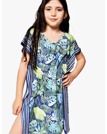 Rochie cu model tropical, Verde/Bleumarin