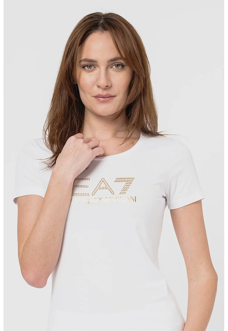 Tricou slim-fit din amestec de modal si bumbac, Alb/Auriu