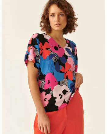 Bluza cu decolteu in V si imprimeu floral, Rosu/Roz/Albastru