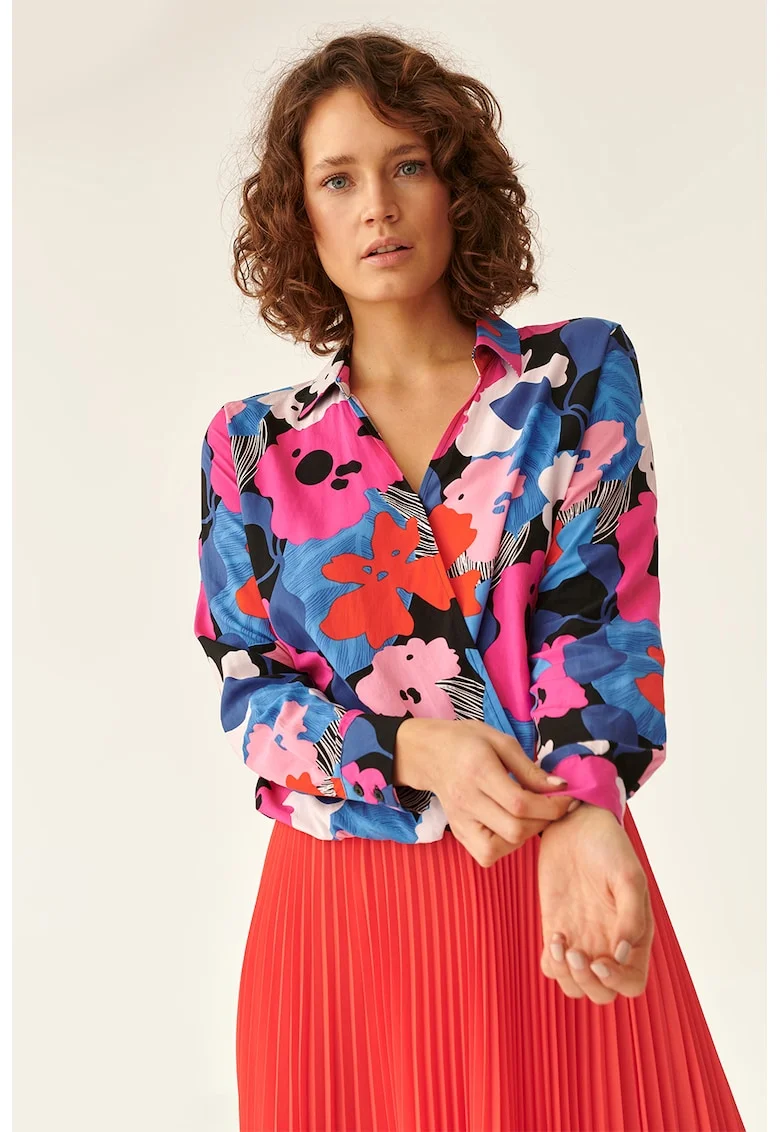 Bluza cu croiala petrecuta si imprimeu floral, Rosu/Roz/Albastru