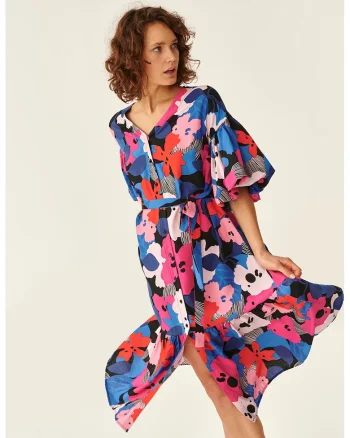 Rochie midi cu imprimeu floral, Negru/Roz/Albastru