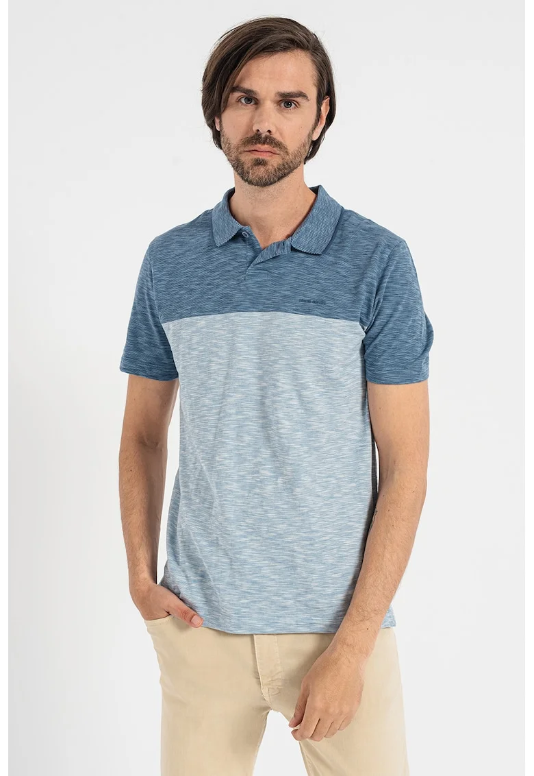 Tricou polo colorblock, din bumbac, Albastru melange