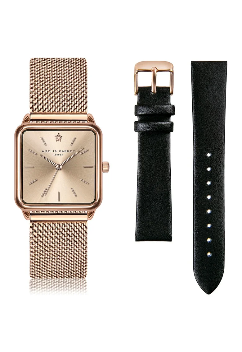 Ceas patrat cu curele intersanjabile, Auriu rose/Negru