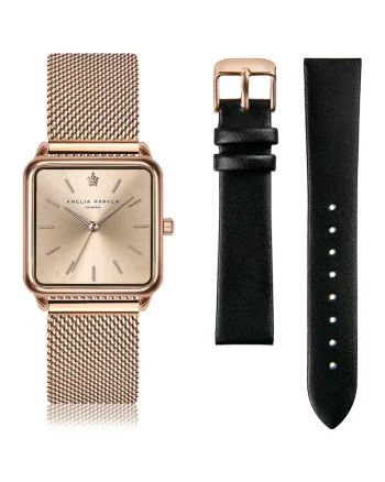 Ceas patrat cu curele intersanjabile, Auriu rose/Negru
